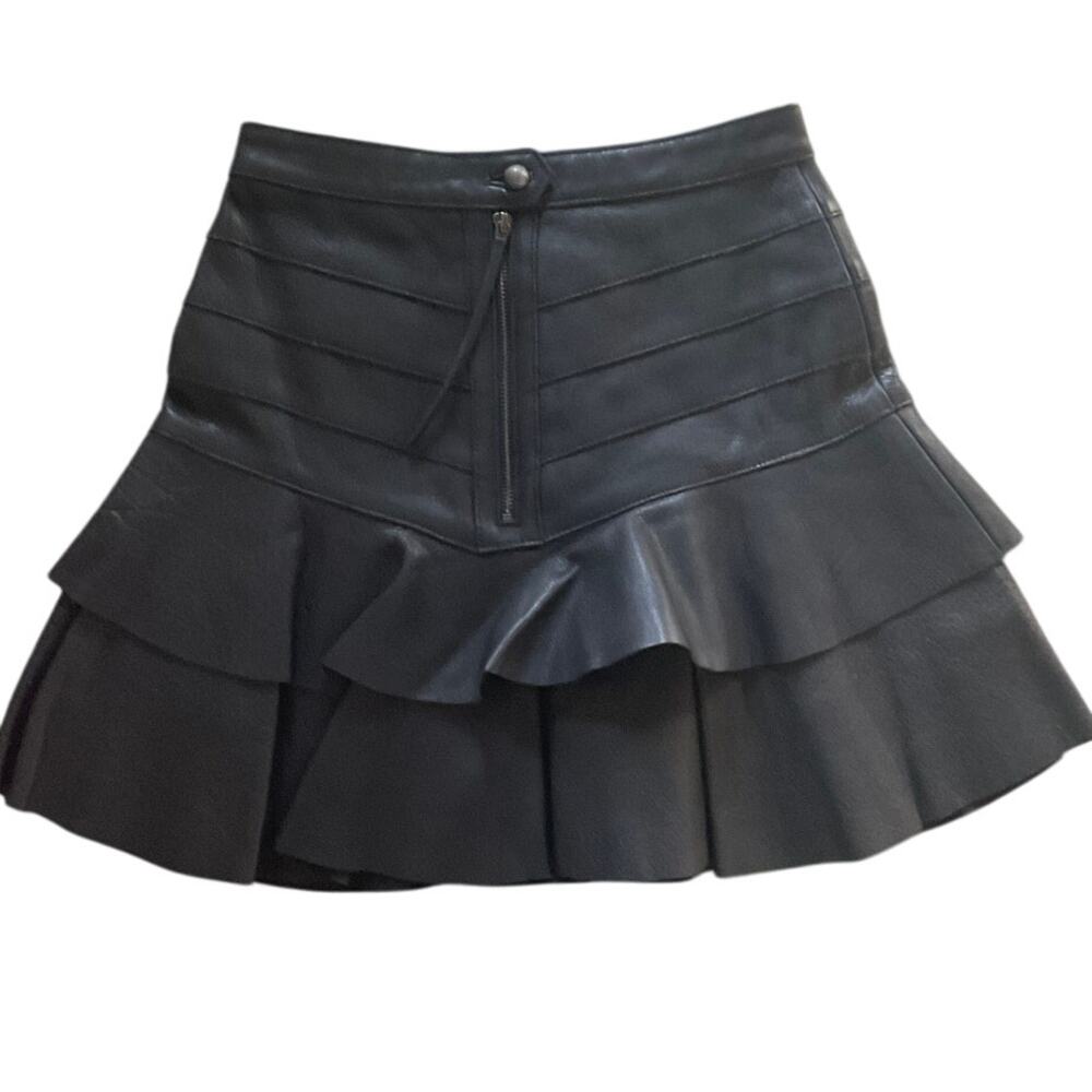 Aje. Ambrosio Black Leather Mini Ruffle, Flat Chevron Yoke Skirt Sz. AU 8 / US 4 - Picture 3 of 12